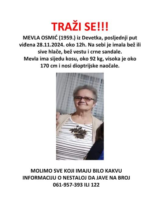 Nestala Mevla Osmić iz Devetaka, GSS pokrenuo potragu Nestala Mevla Osmić iz Devetaka, GSS pokrenuo potragu