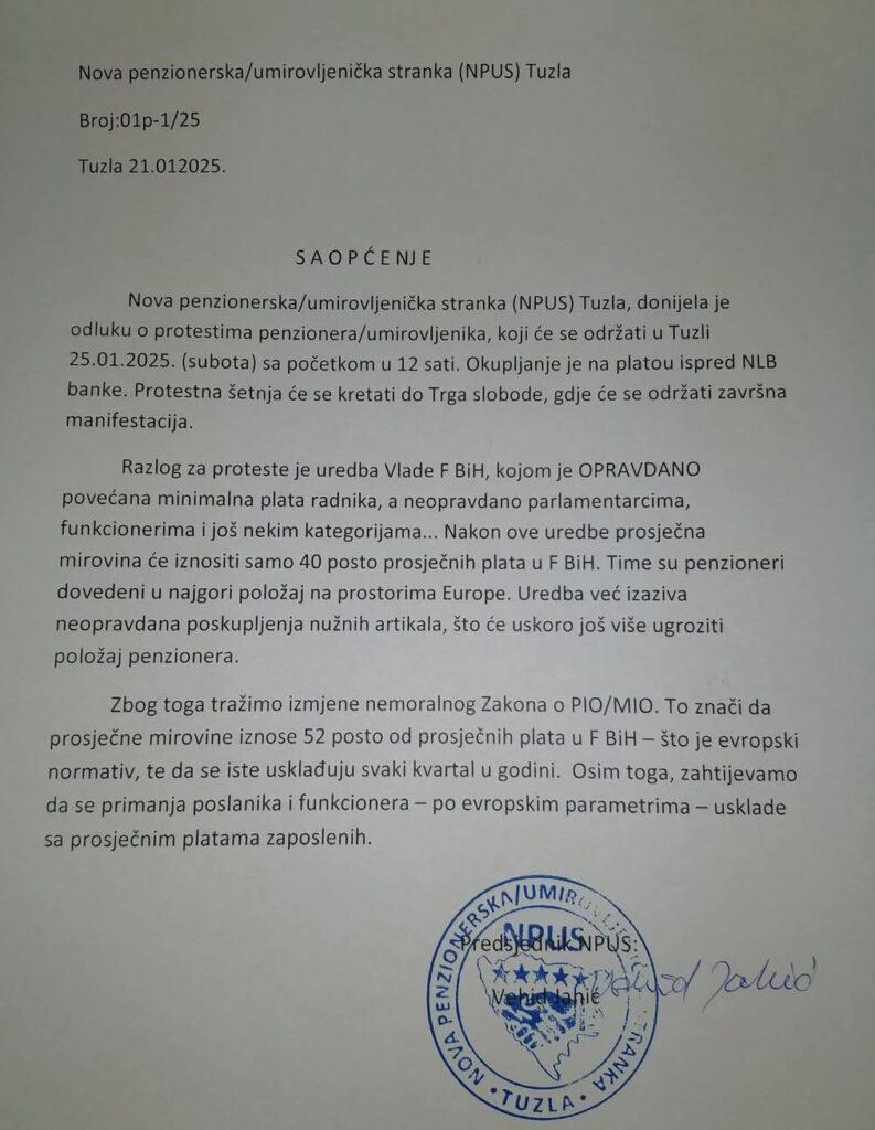 U subotu najavljen protest penzionera u Tuzli