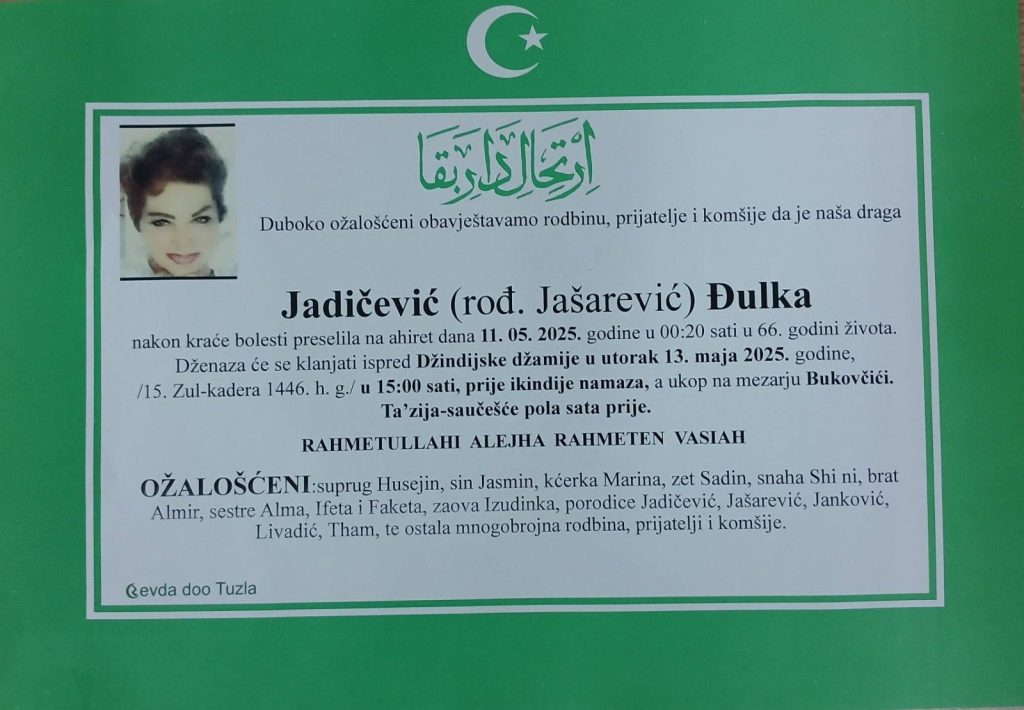 Preminula je Jadičević Đulka Preminula je Jadičević Đulka