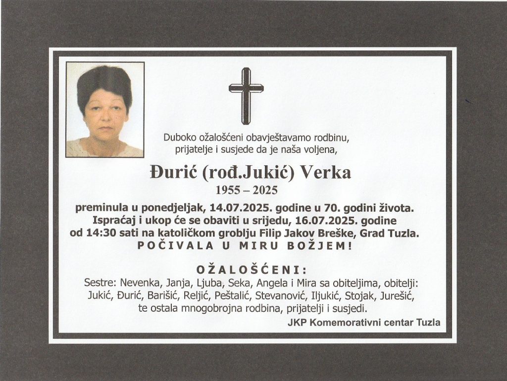 Preminula je Đurić Verka Preminula je Đurić Verka