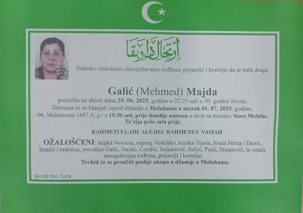 Preminula je Galić Majda Preminula je Galić Majda