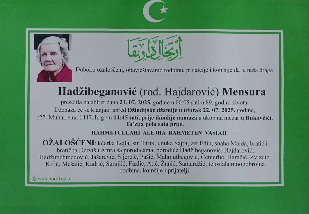 Preminula je Mensura Hadžibeganović